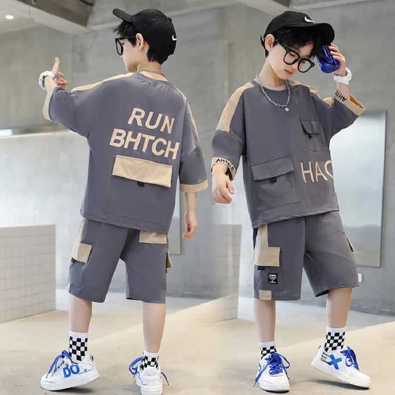 Clothing Sets Summer Teenage Boy Short Sleeve Clothes Set Children Letter Print Top and Bottom 2 Pieces Suit Kid T-shirts Shorts Tracksuit H241214