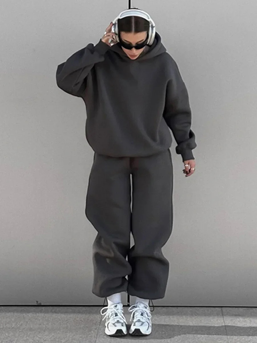 Wolfeel Solid Color Hoodies Pants 2Pieces Sets Winter Thicken Fleece Womens Sweatshirt Oversized Fashion Warm Pullovers 241209