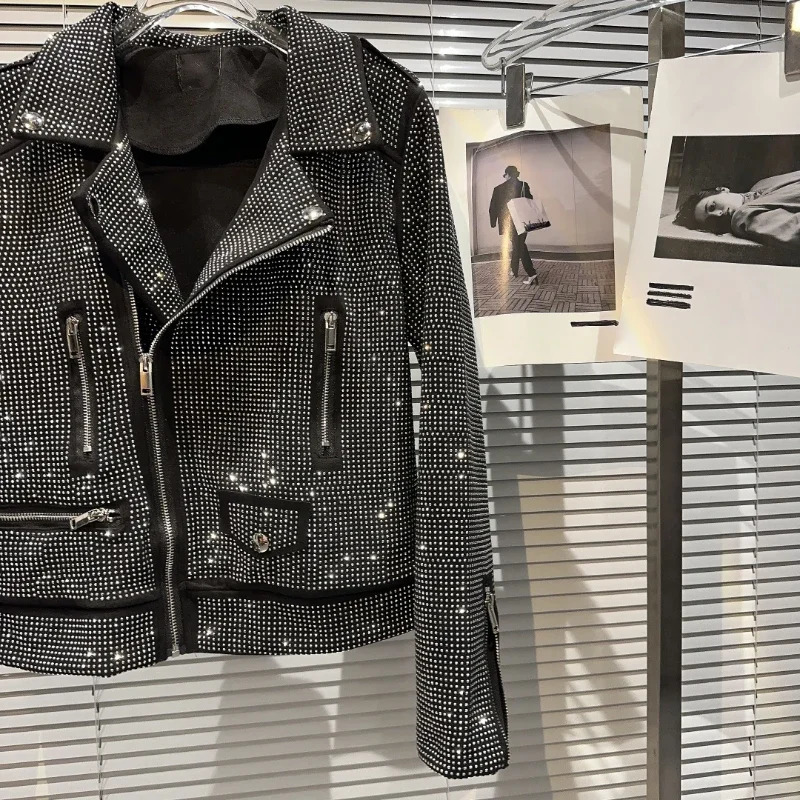 Autumn Sparkling Oblique Zipper Full Diamond Motorcycle Bomber Jacket Flip Collar Glitter Coat Rhinestone Street Clothing Top 241214