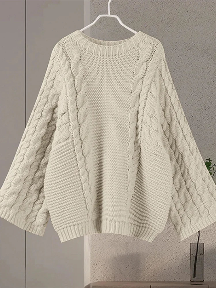 Oversized Knitted Floral Womens Casual Lazy Round Neck Twisted Solid Sweater 2024 Autumn Winter Loose Sleeve Women 241211