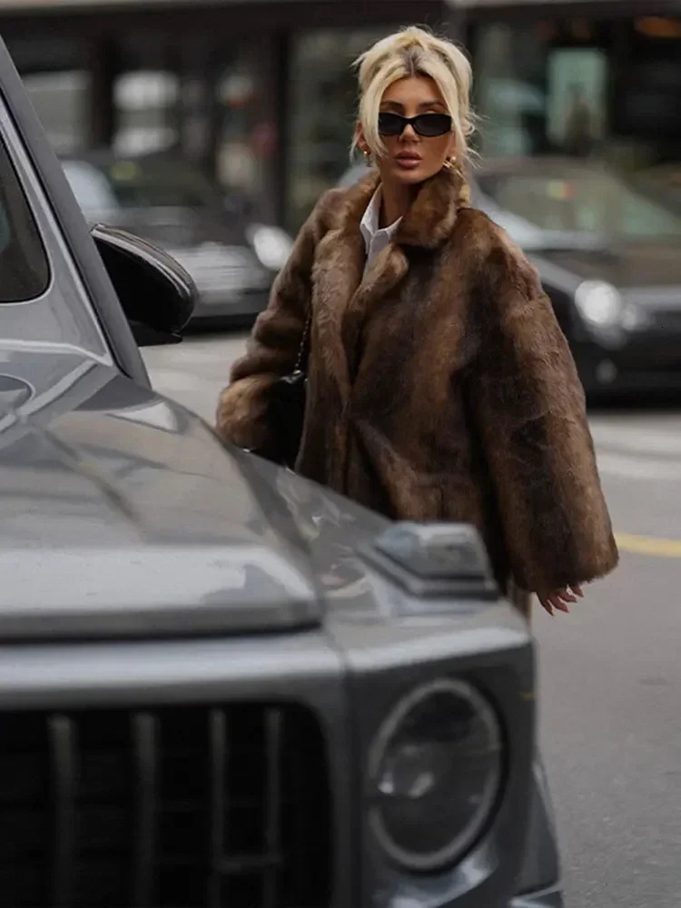 Womens Dark Brown Faux Fur Warm Long Coat Single Breasted Oversized Thickened Overcoat Winter Fluffy Plush Female Outerwear 241211