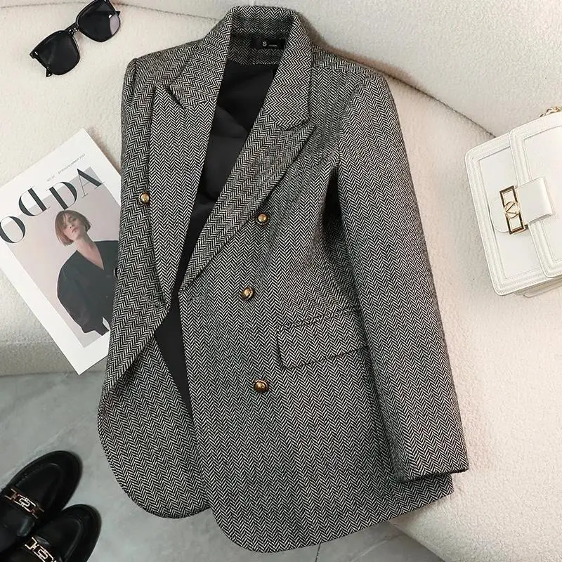 Autumn Winter Blazer Coats Womens Woolen Jackets Long Sleeve Notched Vintage Thick Outerwears Elegant Female Clothes 241209
