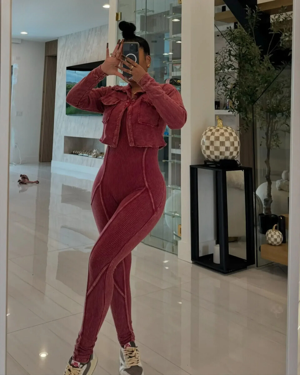 Fashion Women's Washed Knitted Long Sleeve V-Neck Coats+Pencil Jumpsuits Active Two 2 Piece Set Outfits Tracksuit