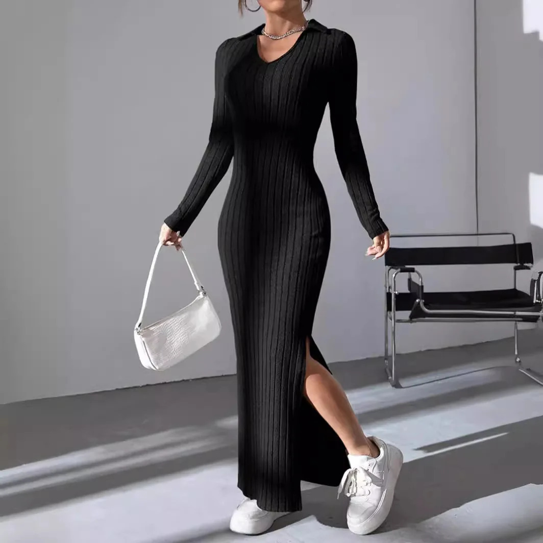 2024 SpringSummer Womens Knitted Weight Loss Collar Fashionable Casual Elegant Pit Strip Solid Color Long Dress 241212