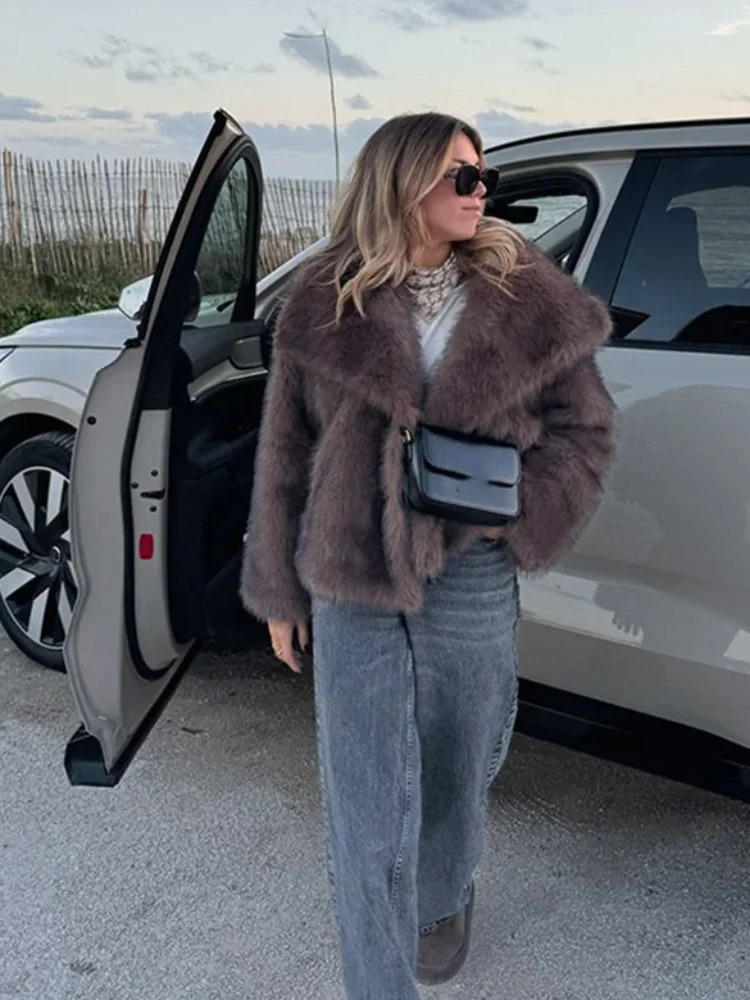 Brown Big Lapel Faux Fur Fury Womens Coats Fluffy Long Sleeved Thick Warm Jackets Winter Lady Casual Street Outwear 241211