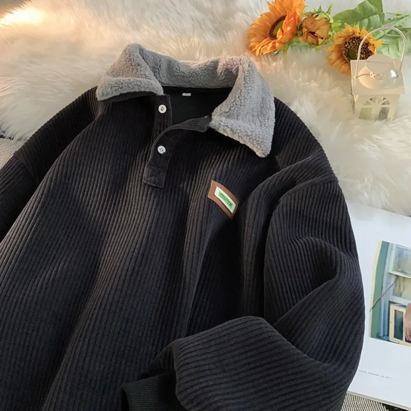 Women Vintage Harajuku Hoodies Oversized Plus Velvet Thickened Corduroy Button Sweatshirts Korean Fashion Pullover Polo Hoodie 241214