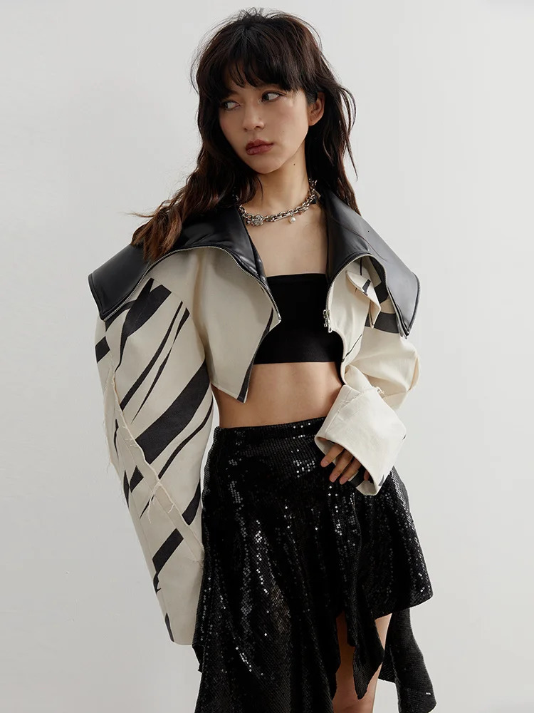 DEAT Fashion Womens Spliced Edge Contrasting Short Jackets Big Lapel Zipper Long Sleeve Short Coat Autumn 1DF6153 241214