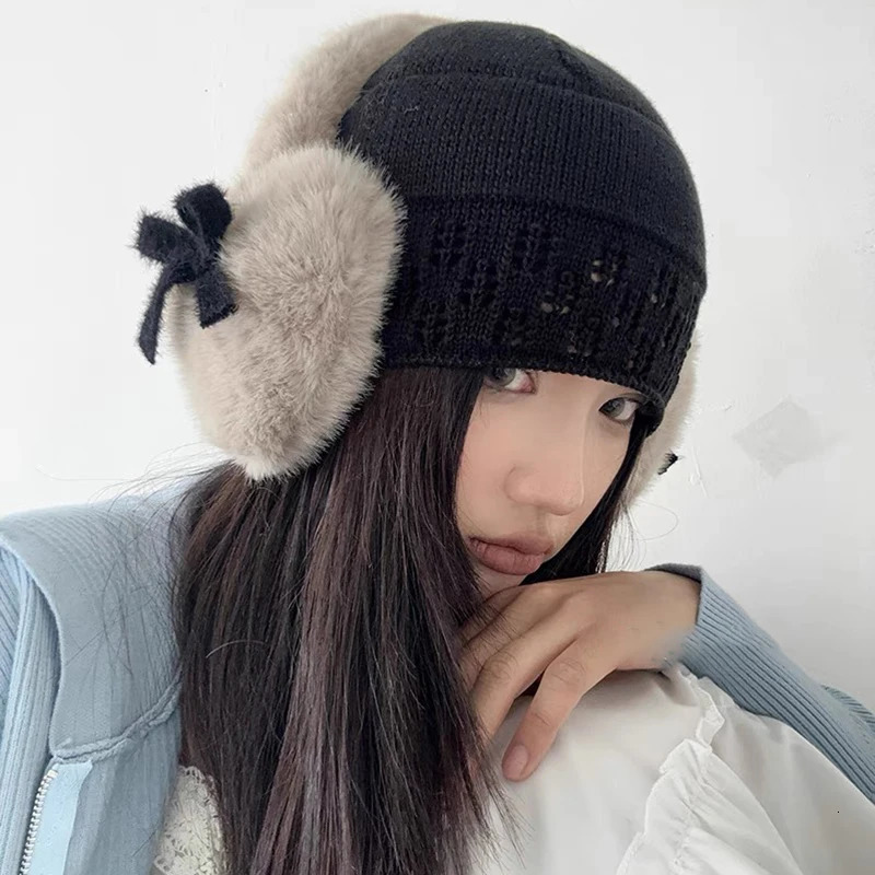 Female Bow Knot Earrings Kawaii Heart shaped Fluffy Eartips Cold Protection Female Eartips Thick Plush Japanese JK Girls Eartips 241211