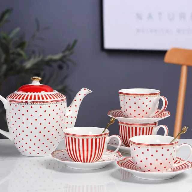 European Stripe Dot Ceramic Coffee Cup and Saucer Set Household Afternoon Tea Set French Flower Tea Cup Teapot Y241214