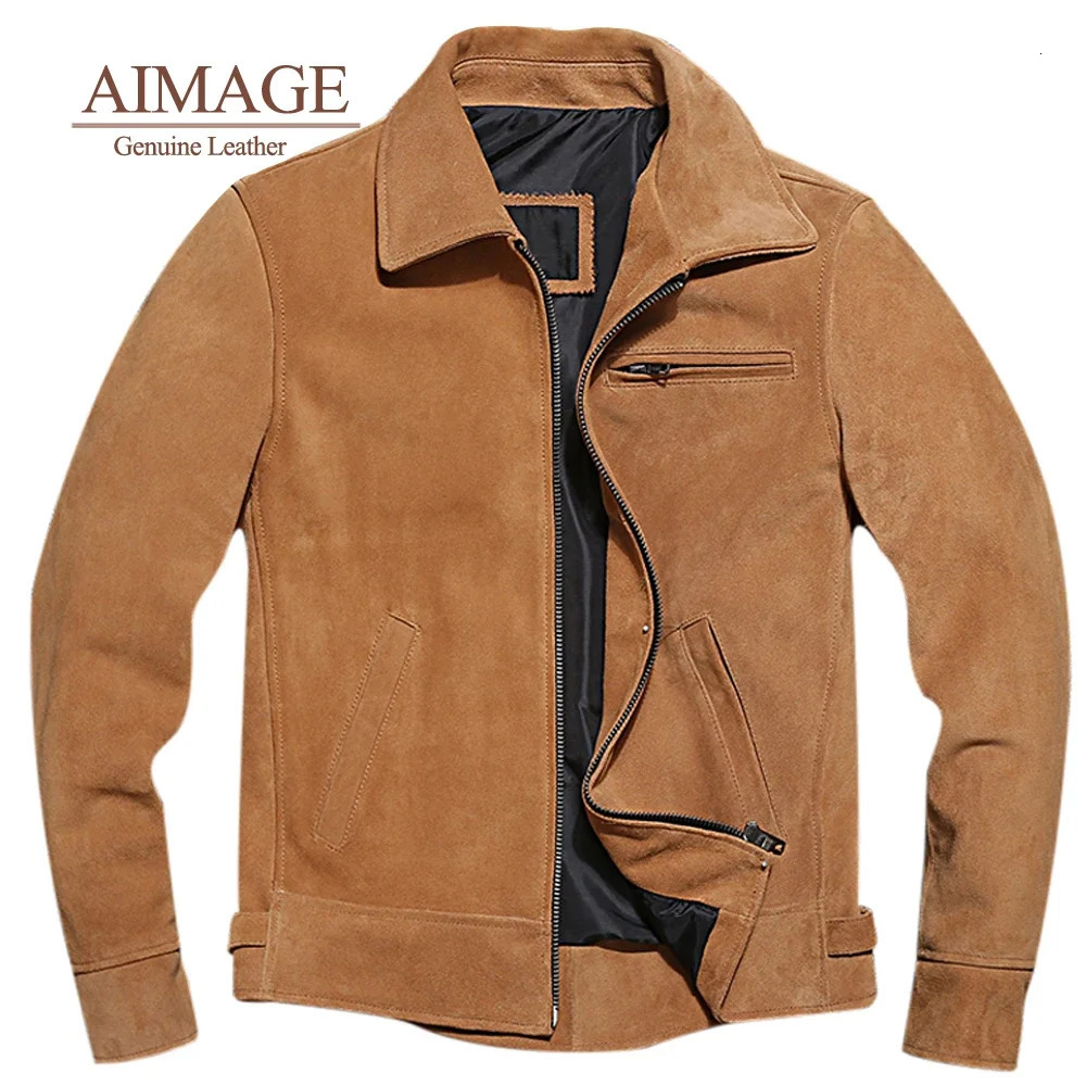 AIMAGE Vintage Brown Pilot Leather Jacket Genuine Cowhide suede leather jacket coat PY139 241214