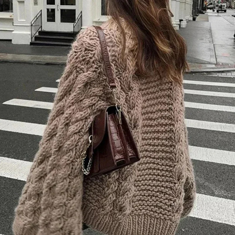 Deeptown vintage knitted sweater for women elegant and casual oversized floral long sleeved solid autumn womens twisted loose 241211