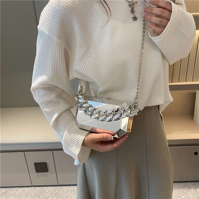 Metal box women's retro niche thick chain acrylic shoulder crossbody ins internet famous mobile phone bag 2024 new style chic elegant clothing