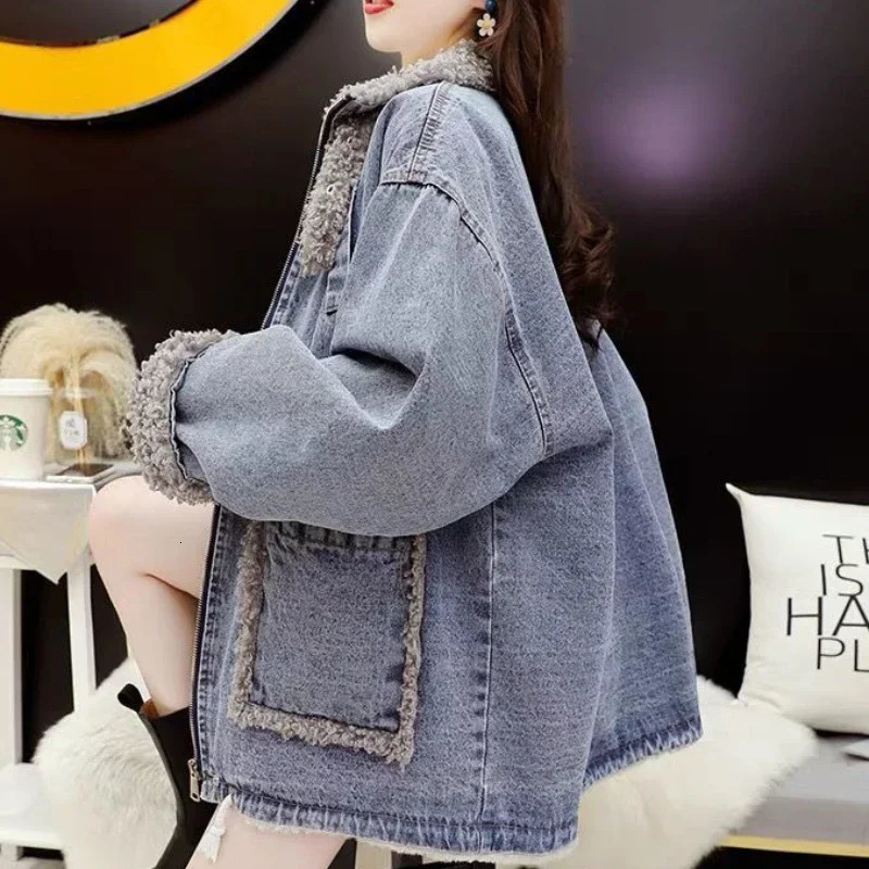 Warm fur plush patch work pad womens jeans jacket wool lining black jacket blue womens denim jacket long ditch trade 241210