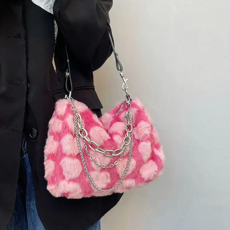 Y2k Pink Love Underwear Bag Soft Plush Heart Pattern Womens Shoulder Bag Womens Chain Fur Cross Bag Handbag 241213