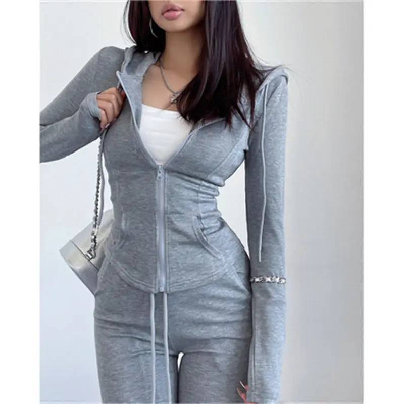 Two Piece Womens Clothing Casual Set Solid Color Slim Fit Zipper Hoodie Y2k Fashionable High Waist Weight Loss Flame Pants 241214