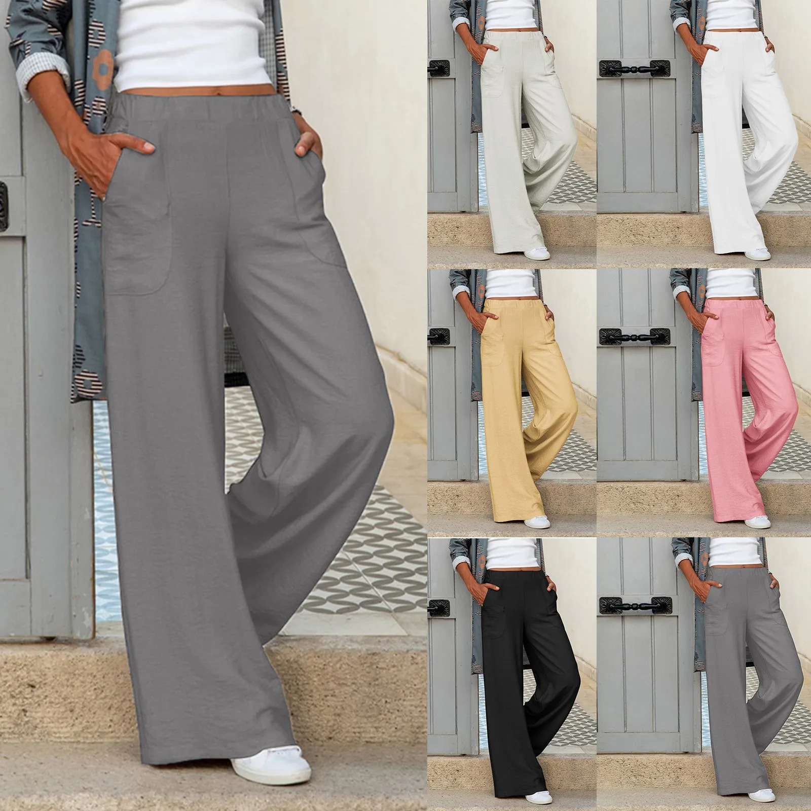 Womens casual solid high waisted thick pants linen loose wide leg comfortable with pockets 241212