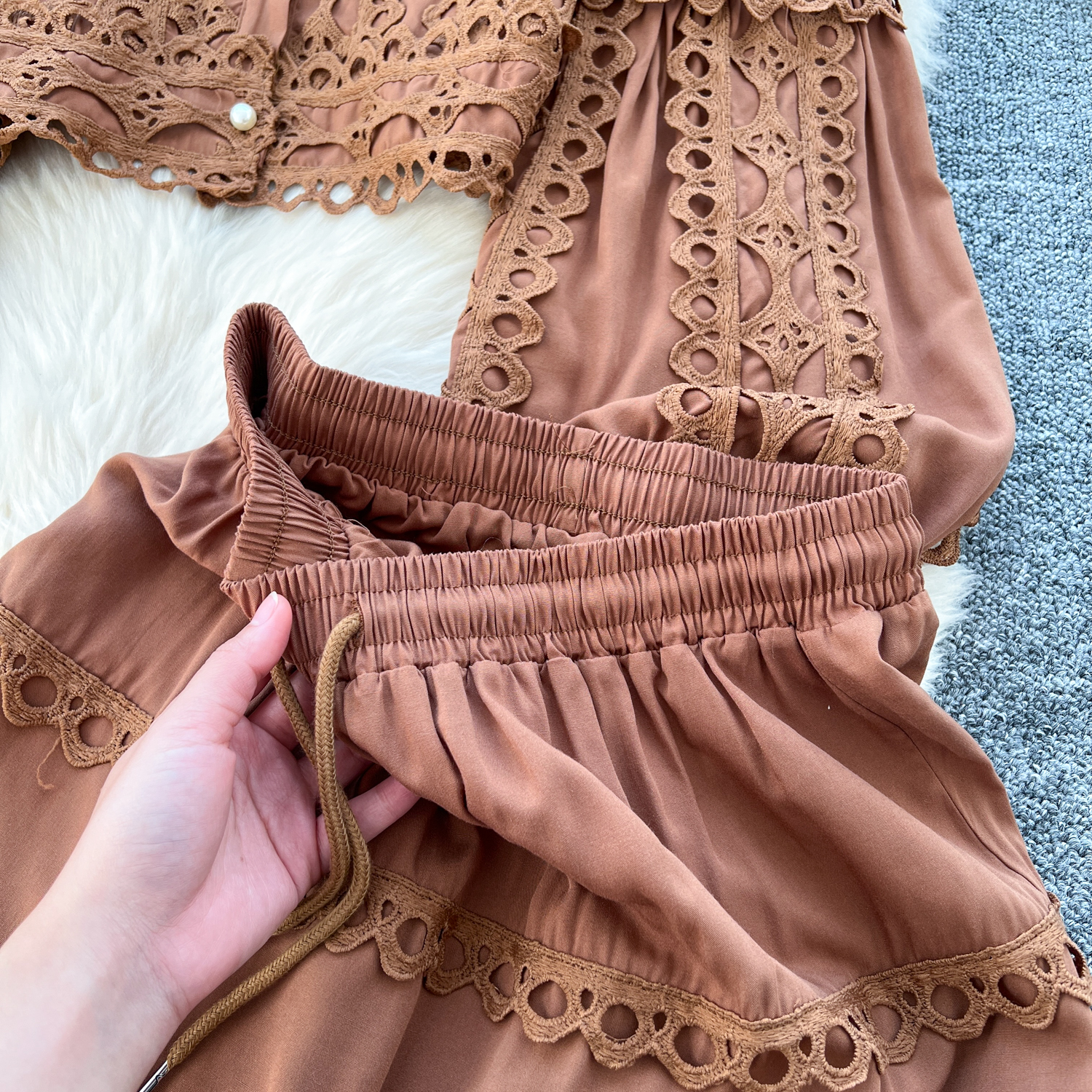 Two Piece Dress 2025 Spring Holiday Hollow Out Embroidery 2 Piece Sets Women Lantern Sleeve Short Loose Shirt Top A-Line Pleated Skirts Suit