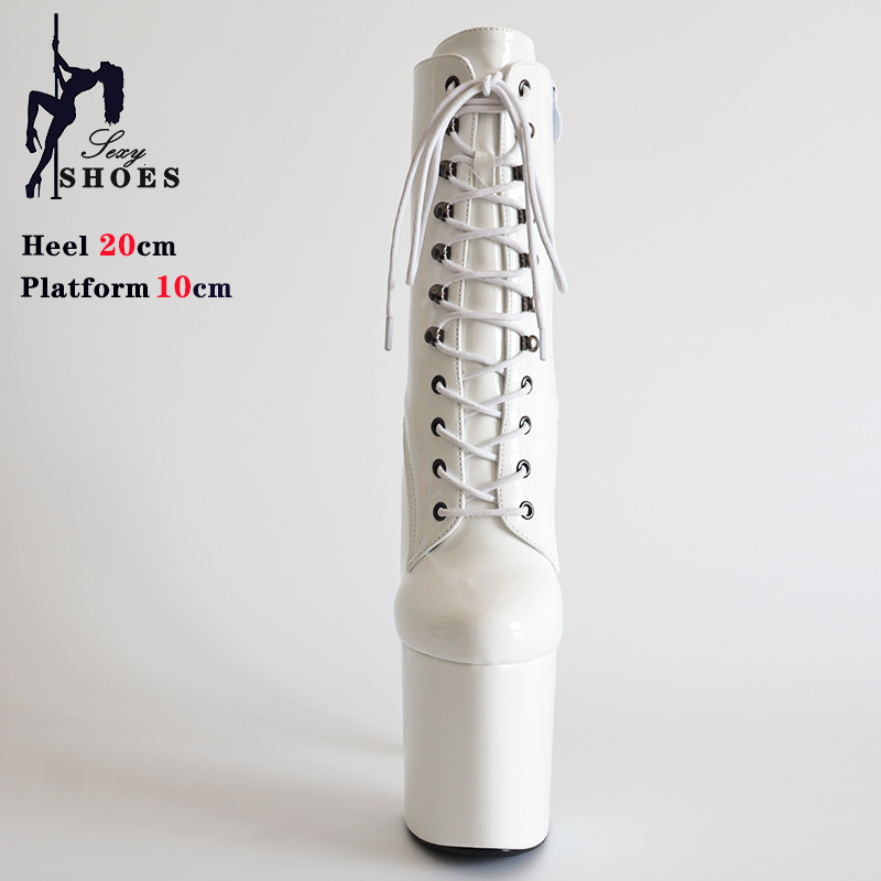 Spring Women Shoes Strip Show 20Cm Extreme High Heels Pole Dancing White Modern Round Toe Platform Lace-Up Short Boots