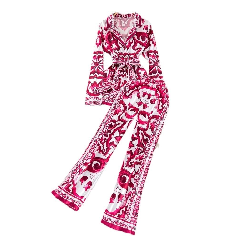 Autumn Red White Porcelain Ral Two-Piece Set Women Shirts Long Tops Wide Leg Flare Pants Suits 2Pcs Outfits
