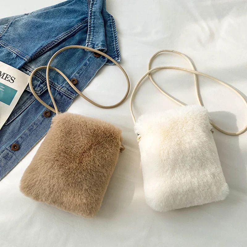 Autumn and Winter Womens Bag Niche Simple and Cute Plush Bag One Shoulder Cross Body Rabbit Hair Makeup Phone Bag 241213