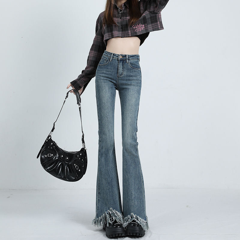 Retro Blue High Waisted Fringed Micro Flared Jeans for Women's New Style with a S Edge Design That Makes Them Look Slimmer