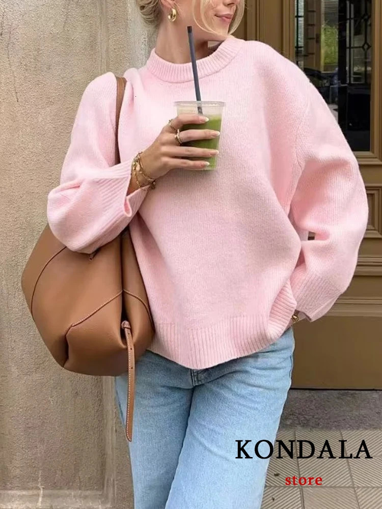 Kondala Fashion Casual Solid Pink Womens Knitted Sweater ONeck Long Sleeve Sweetheart Pullover 2023 Autumn Large Basic Top 241211