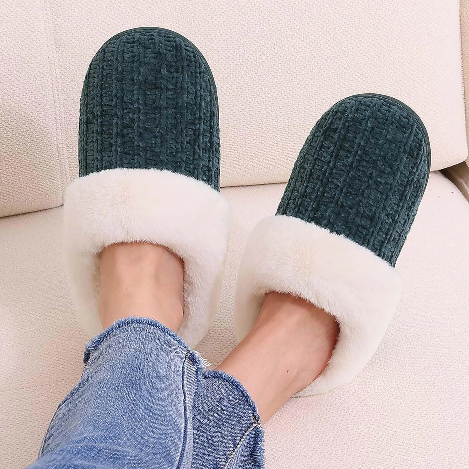 Litfun Mens Winter Plush Slippers Warm Knit Fleece Lined Furry Slides Women Indoor Soft Fuzzy Shoes Fluffy Men Cotton 241214