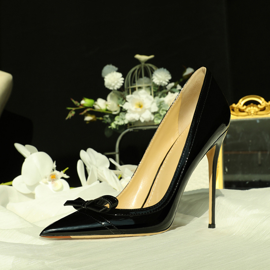 32-45 Black High Heels, Women's Slim Heel Bow, 2024 New French Banquet Professional Small Size Single Shoes
