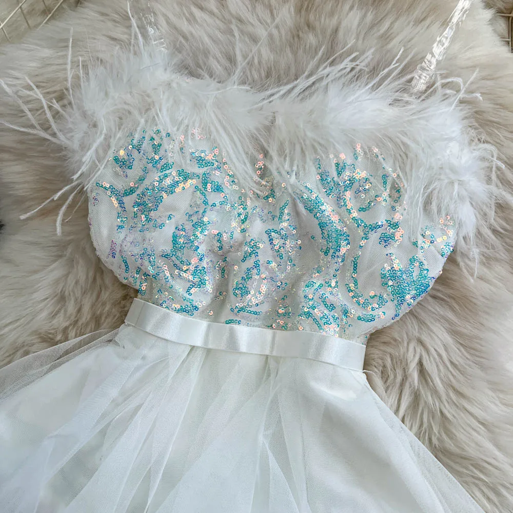 Casual Dresses Summer Dresses Christmas White Dress Women Spaghetti Strap Feathers Birthday Party Princess Vestidos De Noche Juveniles Sequins Dresses