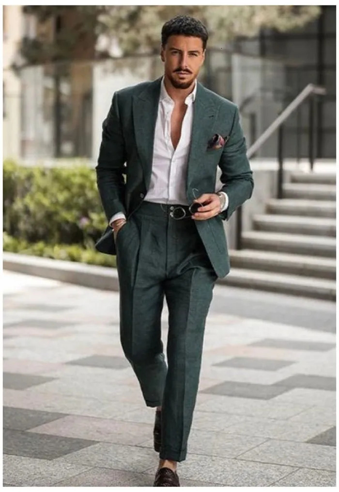 Mens Linen Suit 2 Piece Slim Fit Suit Summer Beach Wedding Suit Groosmen Prom Tuxedo Linen Blazer Pants Set 241214