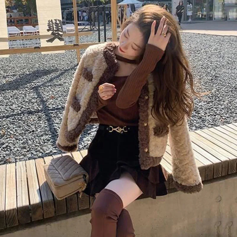 Xpqbb Lamb Wool Jackets for Women Autumn Winter Keep Warm Plush Short Outwear Ladies Elegant Contrast Loose Cotton Fur Coat 241214