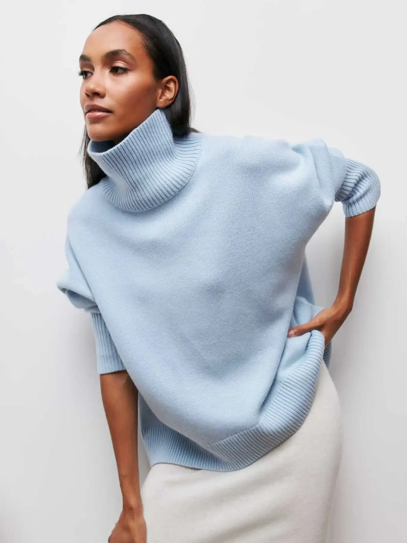 2024 Autumn Womens Turtle Neck Sweater Large Elegant Thick Pulled Black Knitted Winter Parachute Long Sleeve 241211