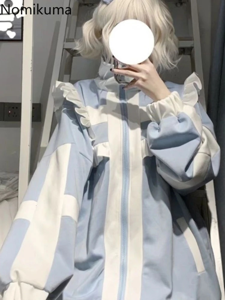 Japanese streetwear jacket womens Lolita style stand up collar zipper oversized jacket Y2k top ruffled contrasting color chic jacket 241214