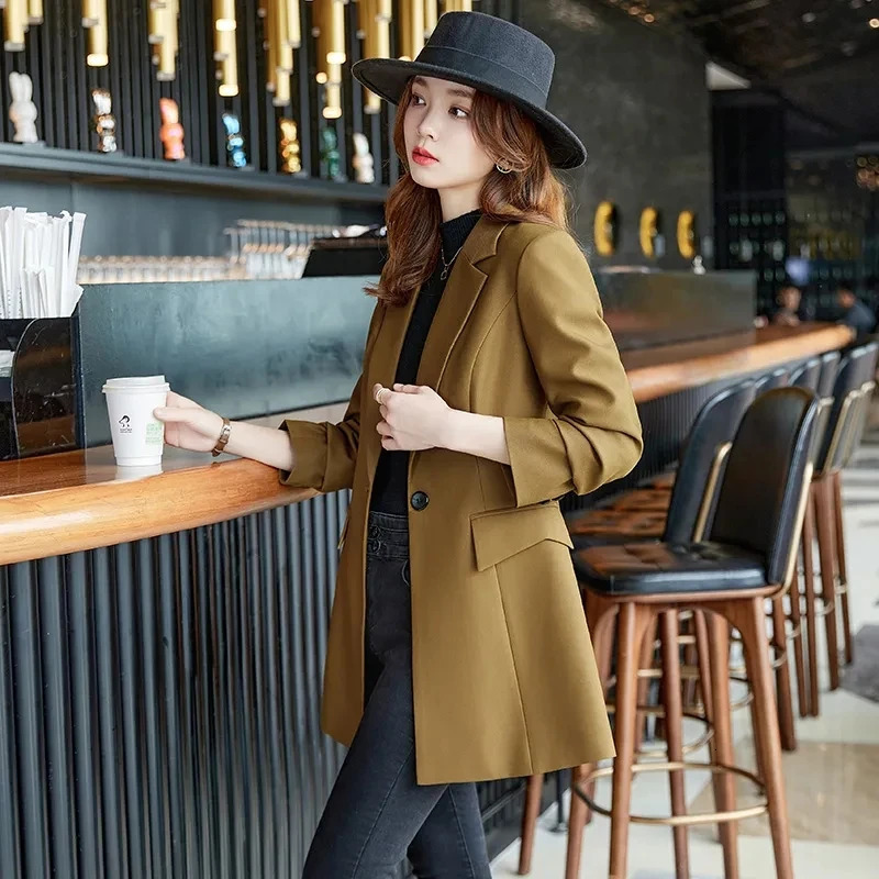 Autumn Winter Ladies Mid Long Blazer Women Single Button Black Purple Female Casual Jacket Coat Office Outerwear 241209