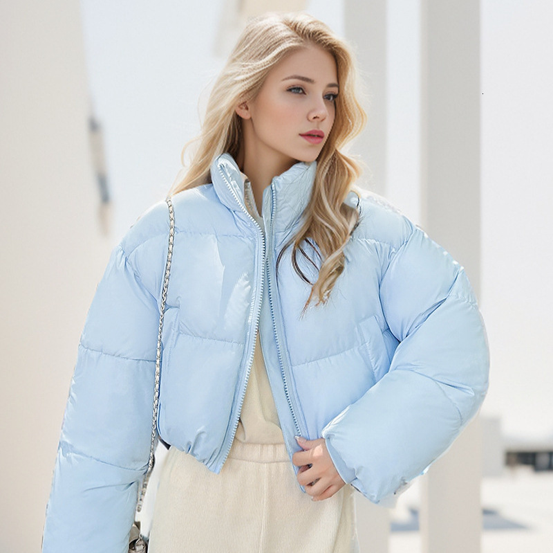 Women's Winter Puffer Stand-Up Collar Cropped Quilted Jacket Splashproof Water Windproof Down Cotton Coat