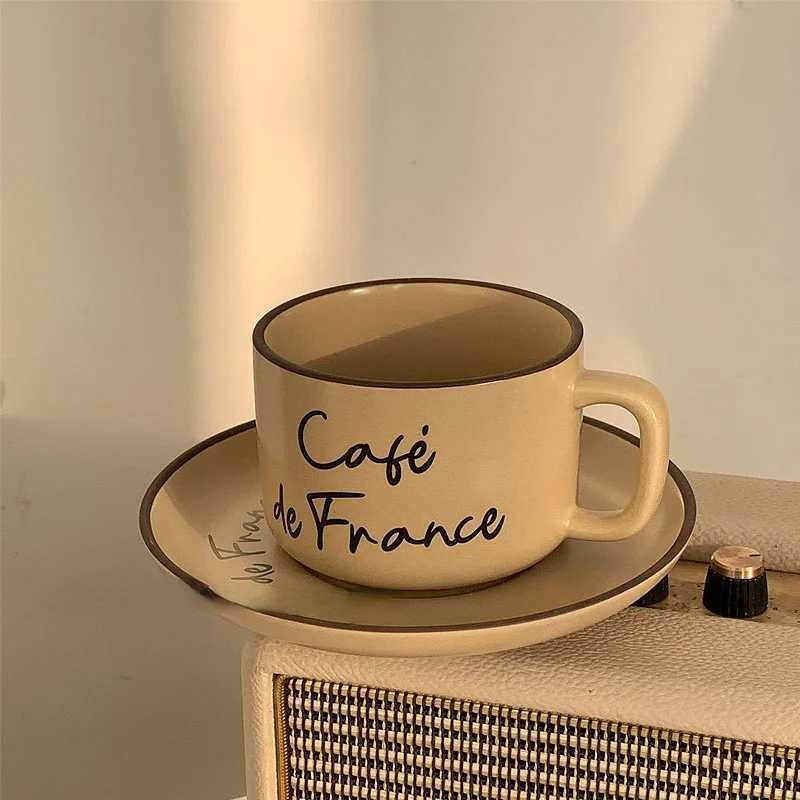 French letter ceramic cup with plate coffee afternoon tea milk retro beige Korean cup and cutlery set Y241214