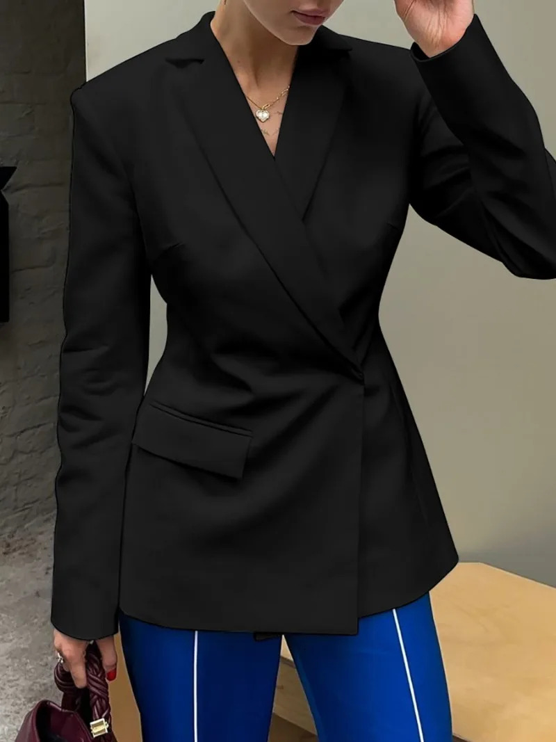 Elegant Women's Backless Black Suit Fall Chic Long Sleeve Covered Buttons Hollow Out Blazers White Tops Coat Outerwear