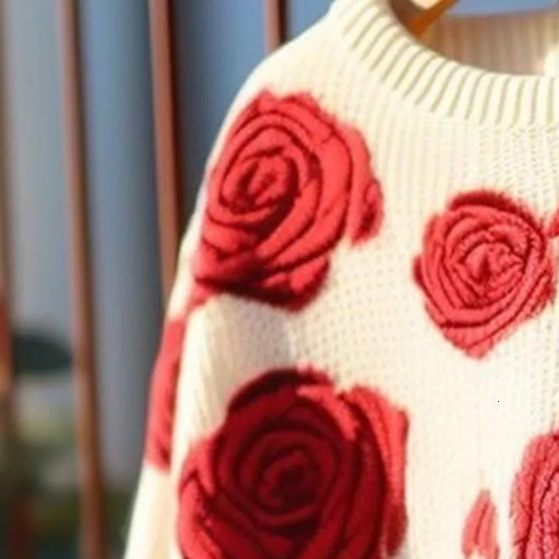 OMCHION Abrigo Mujer 2024 Knitted Winter Top Red Rose Sweater Womens Loose Zipper 241211