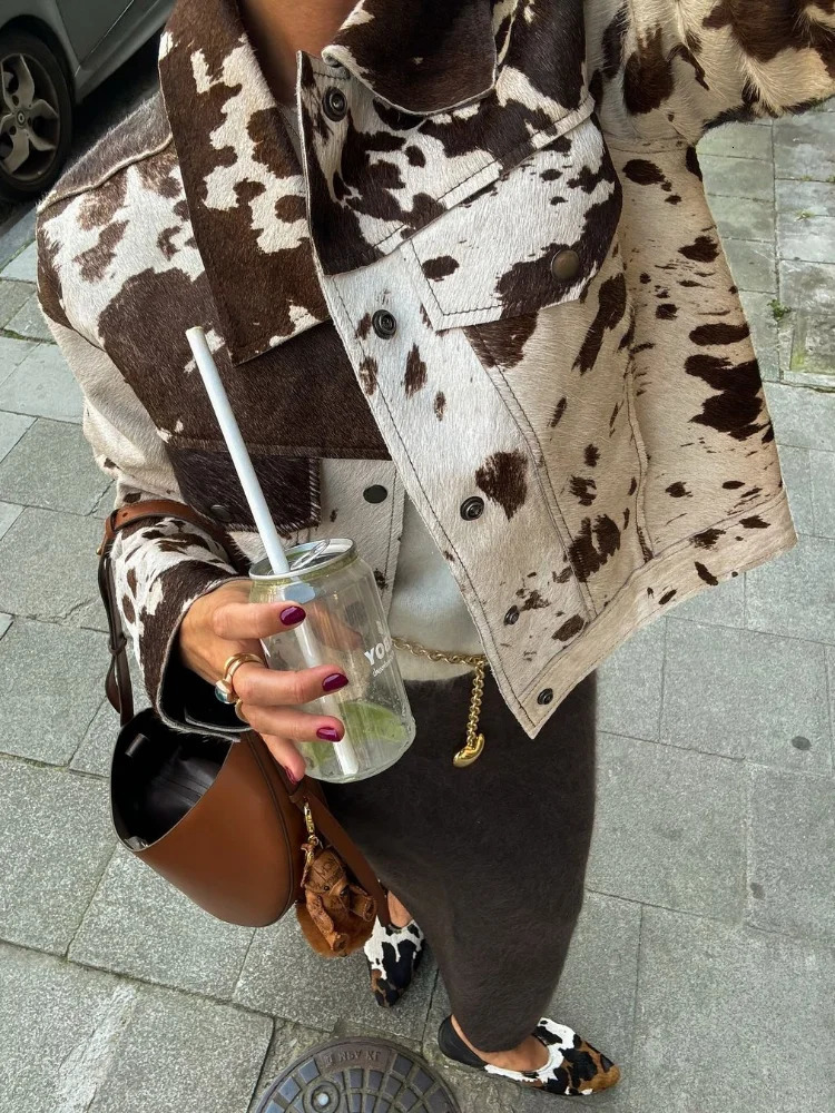 Fashionable Printed Womens Short Leather Jacket with Collar Long Sleeve Single Chest Autumn Womens High Street Top 241214