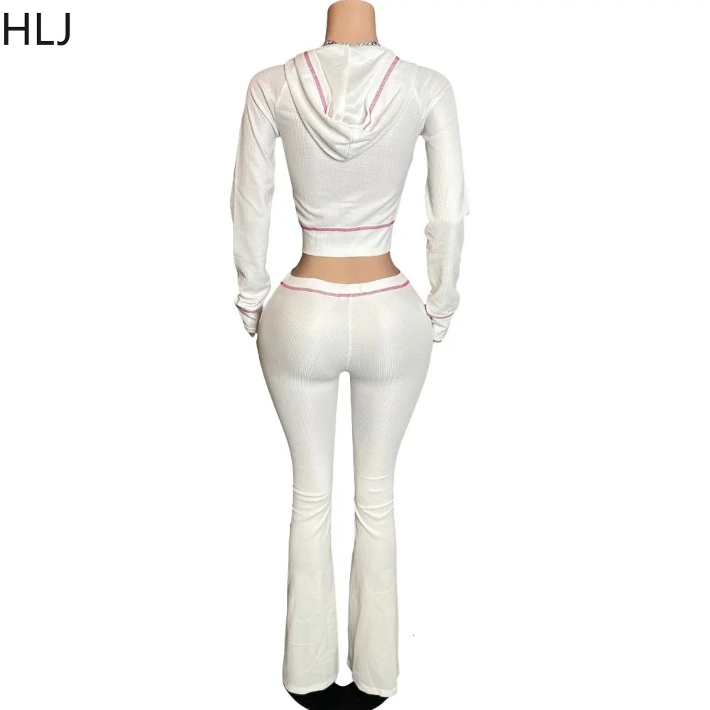 HLJ Autumn Waffle Hooded Two Piece Sets Outfits Women Zipper Long Sleeve Top And Flare Pants Tracksuits Female Sporty Suits 241209