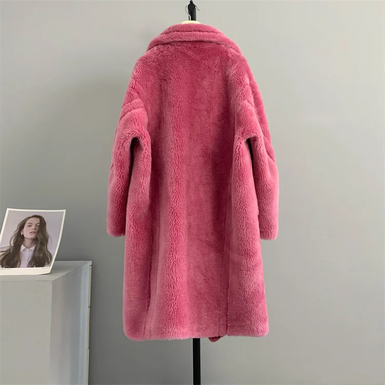 Winter Jacket for Women Real Fur Coat 100% Wool Woven Fabric Thick Warm Outerwear Oversize Fashion Streetwear Teddy Bear Coats 241211