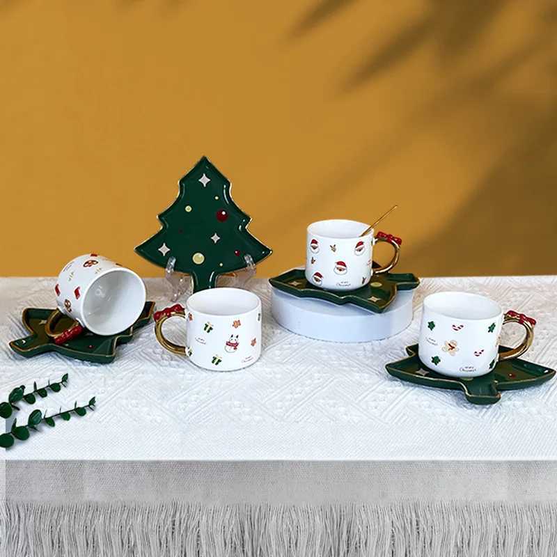 Christmas tree shaped ceramic coffee cup and sauce creative bow handle Mti posture gingerbread mens patterned beverage Y241214
