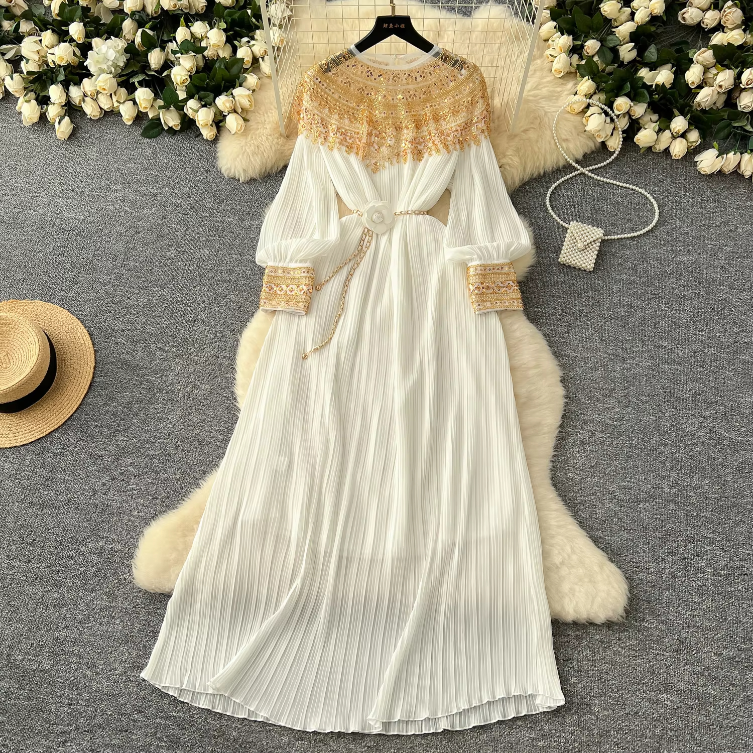 Runway Women Dresses Pleated Sequins Bling Dress Women Long Sleeve Party Dresses O Neck Side Slit Evening Vestidos With Back Zipper Dropship