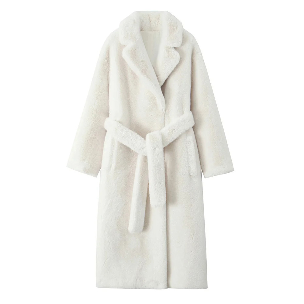 UNIZERA with belt lapel solid color medium to long plush coat autumn and winter warm for women 241211