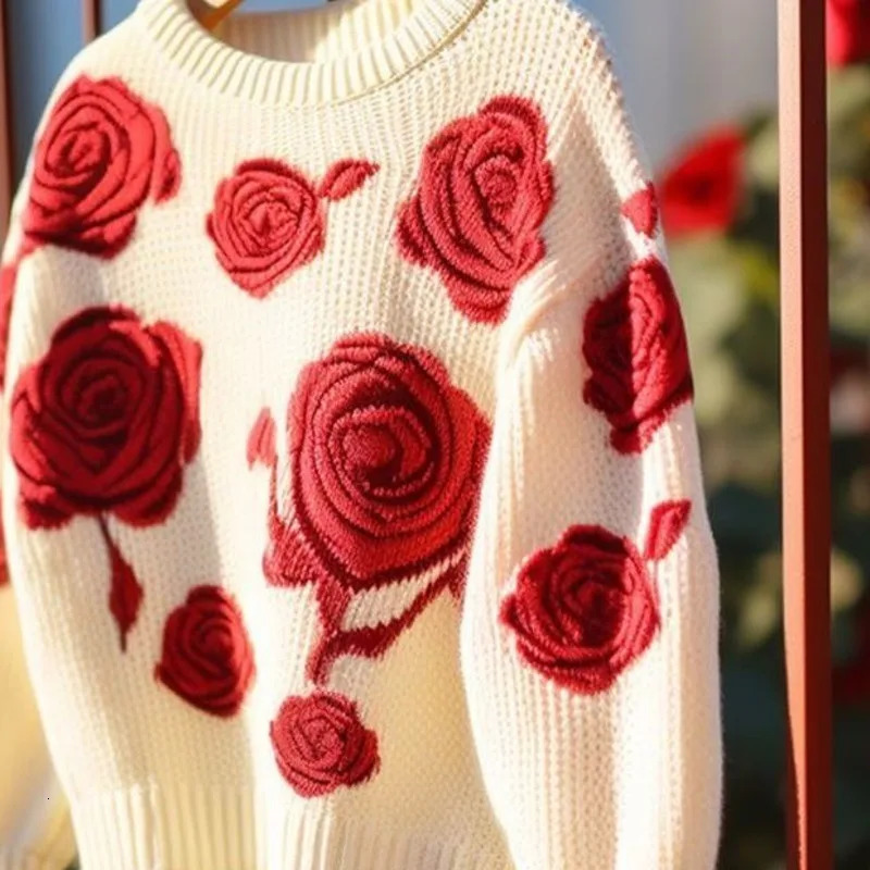 OMCHION Abrigo Mujer 2024 Knitted Winter Top Red Rose Sweater Womens Loose Zipper 241211