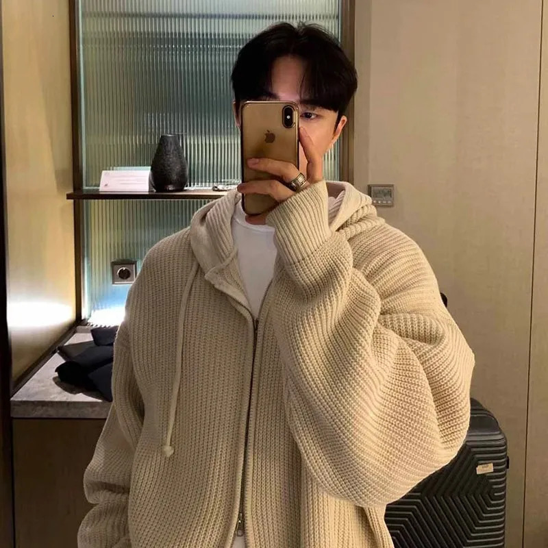 Winter Clothing Mens y Knitted Hooded Zipper Cardigan Sweater Long Sleeve Solid Color Hoodie Korean Knitwear 241209