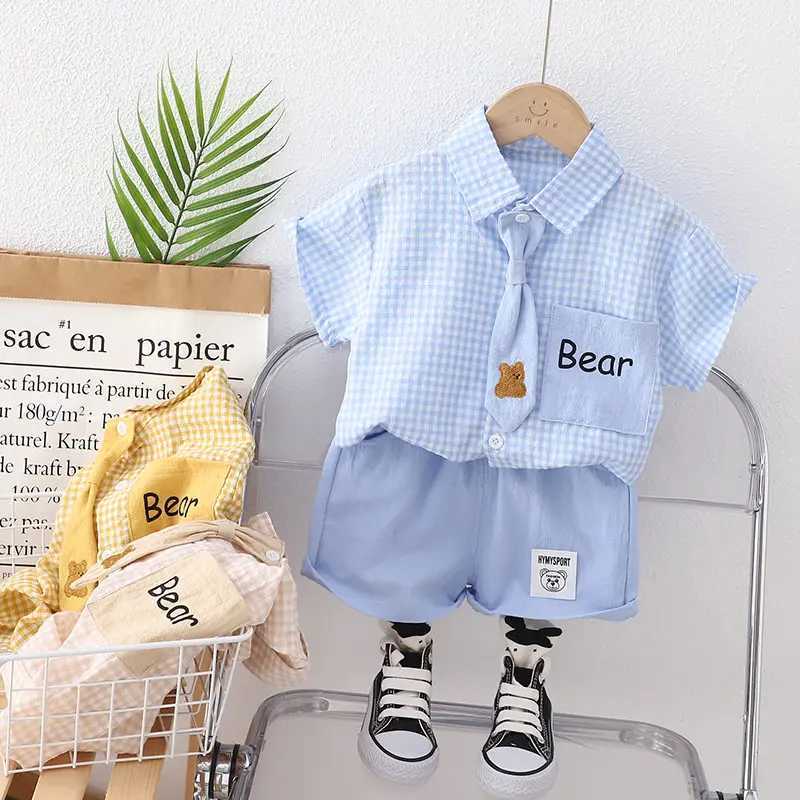 Clothing Sets Summer Casual Baby Boy Toddler Causal ClothesPlaid Shirt Tops Pants 2Pcs/Set With Tie Cotton Kids Outfits Clothing Suit H241214