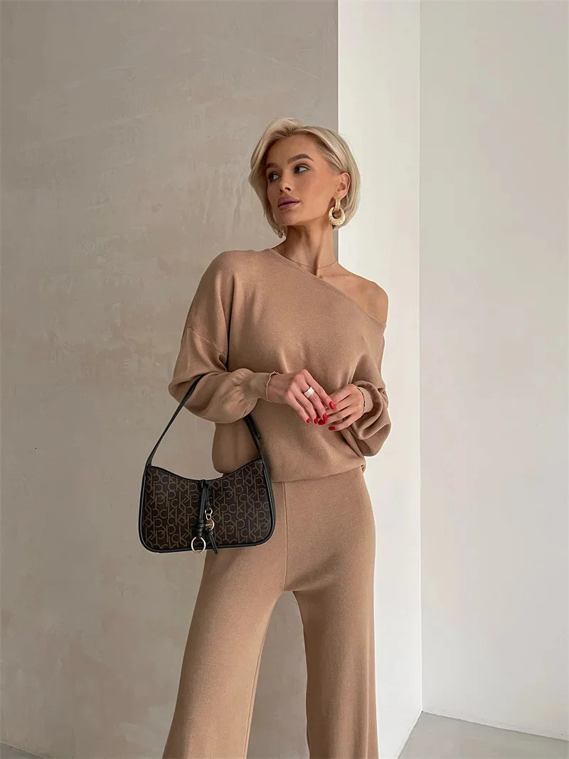 Elegant Loungewear Knitted 2 Piece Set Knit Pants and Sweater Matching Set Women Casual Winter Knitted Two Piece Sets Women 241214