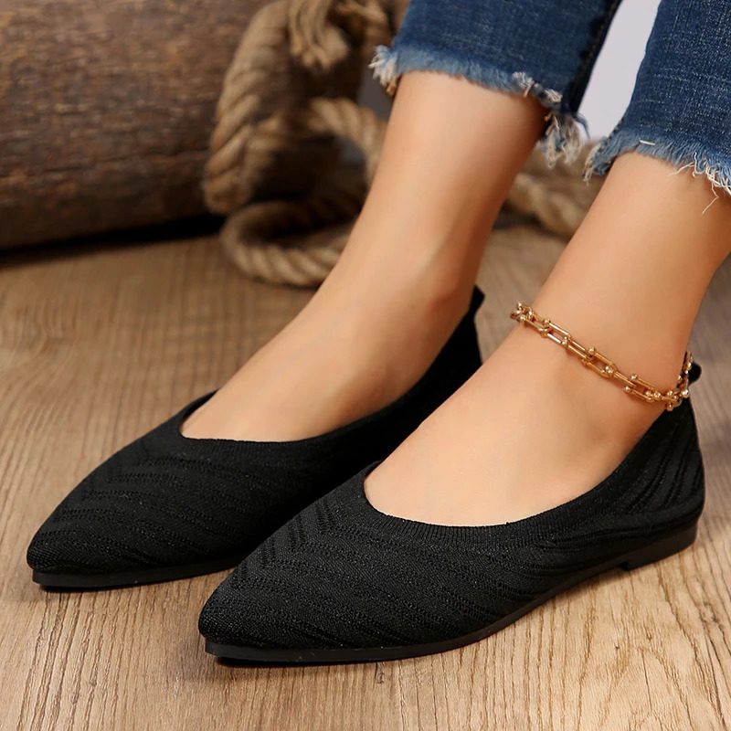 Pointed Toe Flat Shoes Womens Solid Color Knitted Slippers Casual Breathable Ballet Flat Shoes Womens Comfortable Womens Shoes 241213