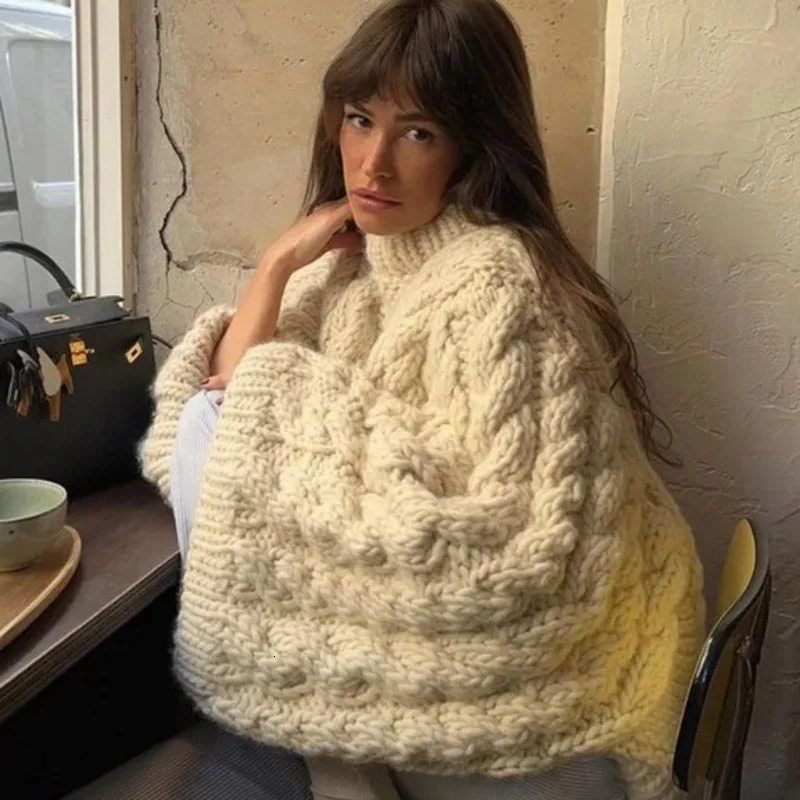 autumn and winter loose knitted sweater with floral pattern for womens casual lazy round neck solid sleeves women 241211